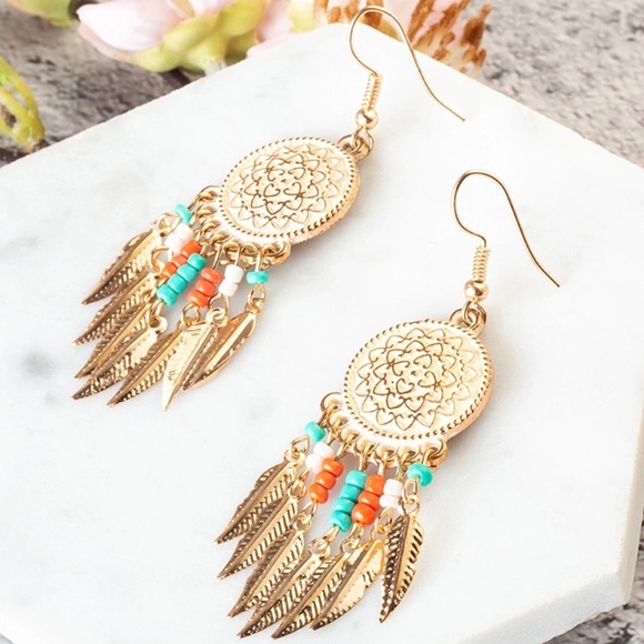 New Gold Beaded Dreamcatcher Fishhook Earrings - Picture 5 of 5